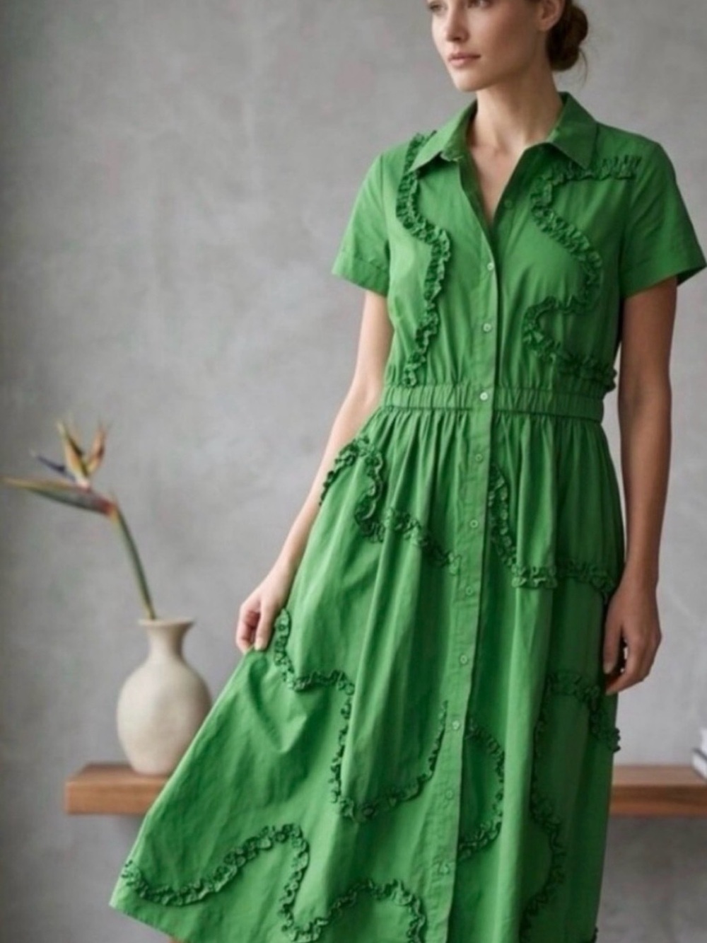 kate spade Bright Green Ruffle-Trim Midi Shirt Dress
